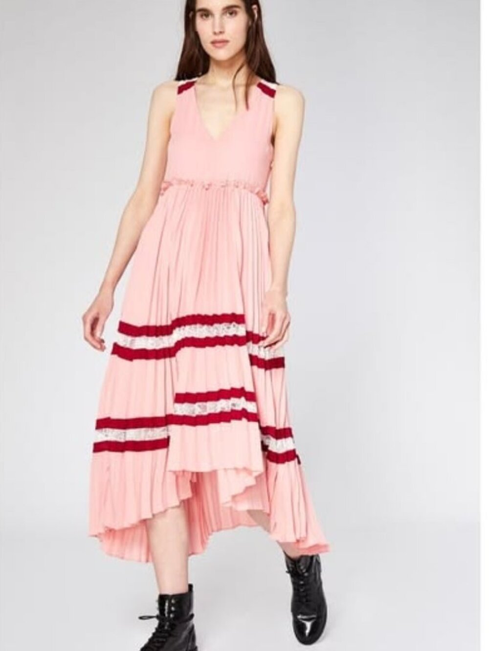 $490 NWT Maje Ritello Pink Accordian Pleated Sleeveless Lace Career Midi Dress